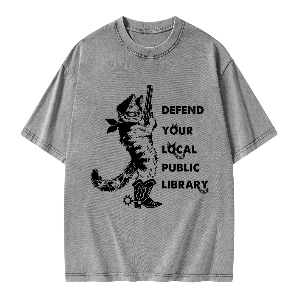 Pagewings Cat Defend Your Local Public Library Unisex Washed T-shirt