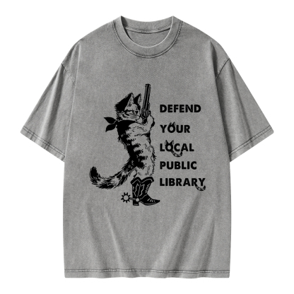 Pagewings Cat Defend Your Local Public Library Unisex Washed T-shirt