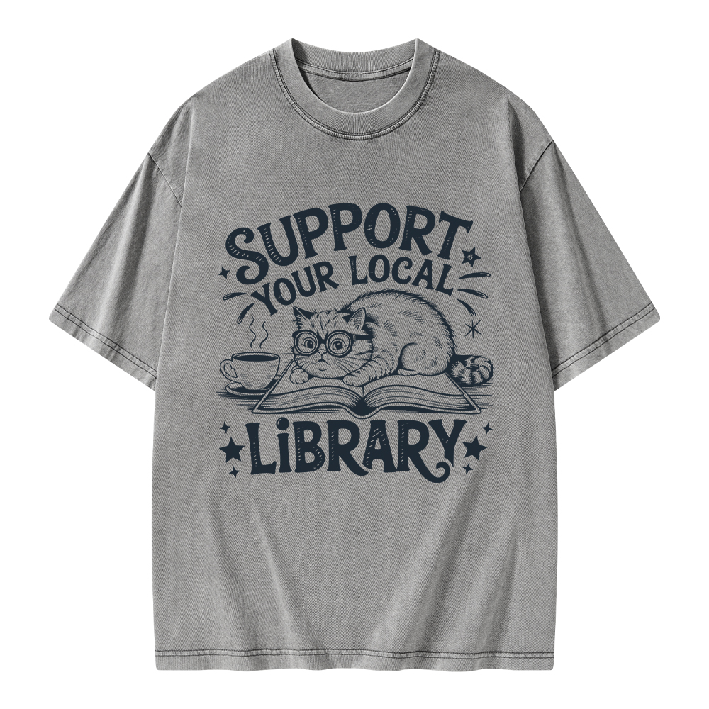 Pagewings Support Your Local Library Cat  Unisex Washed T-shirt