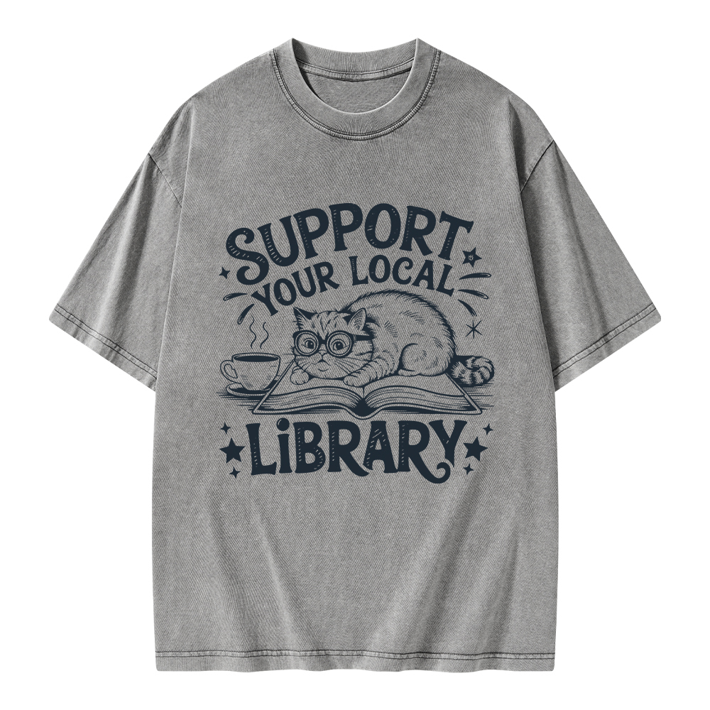 Pagewings Support Your Local Library Cat  Unisex Washed T-shirt