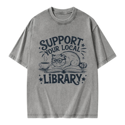 Pagewings Support Your Local Library Cat  Unisex Washed T-shirt