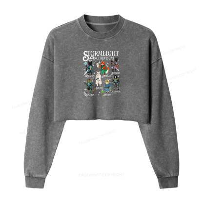 Pagewings Cat Characters Washed Crop Sweatshirt
