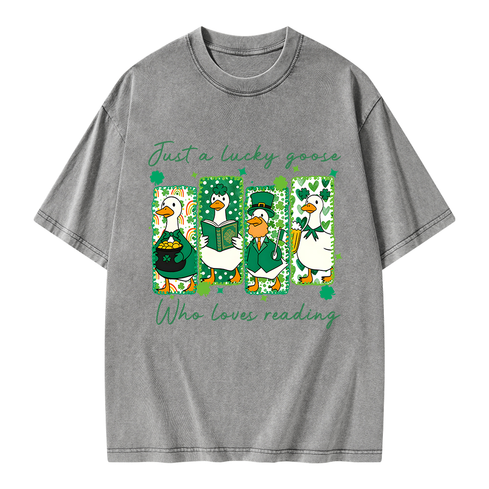 Pagewings St Patrick’s Day Just A Lucky Goose Who Loves Reading Unisex Washed T-shirt