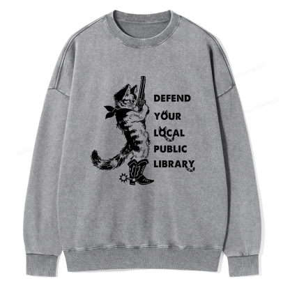 Pagewings Cat Defend Your Local Public Library Unisex Washed Sweatshirt
