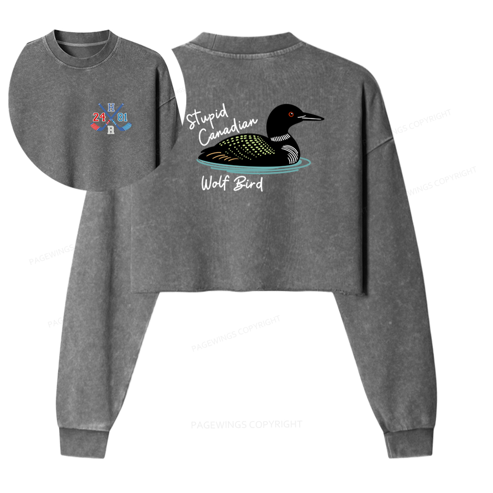 Pagewings Stupid Canadian Wolf Bird Washed Crop Sweatshirt