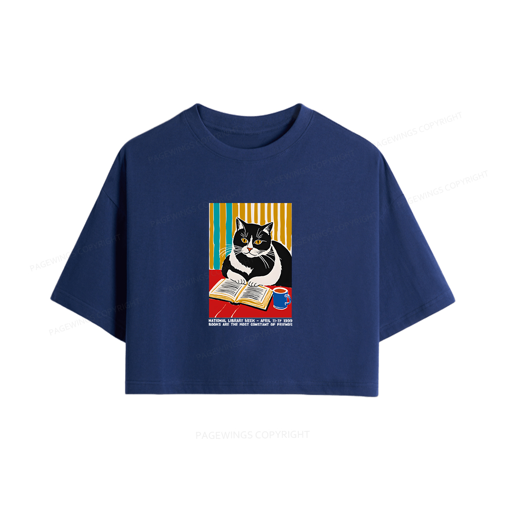 Pagewings Ational Library Week Cat Poster Women Crop Tops