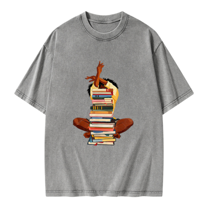 Pagewings Black Woman Reading Unisex Washed T-shirt