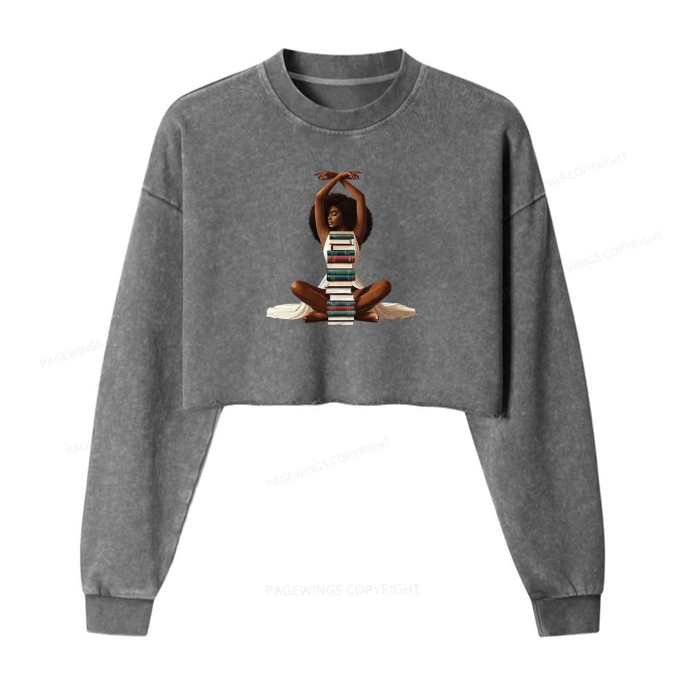 Pagewings Black Girl Reading Washed Crop Sweatshirt