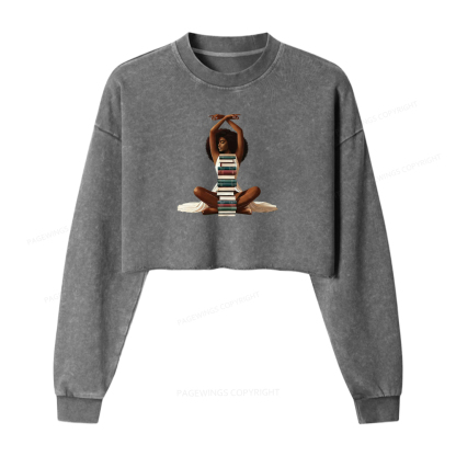 Pagewings Black Girl Reading Washed Crop Sweatshirt