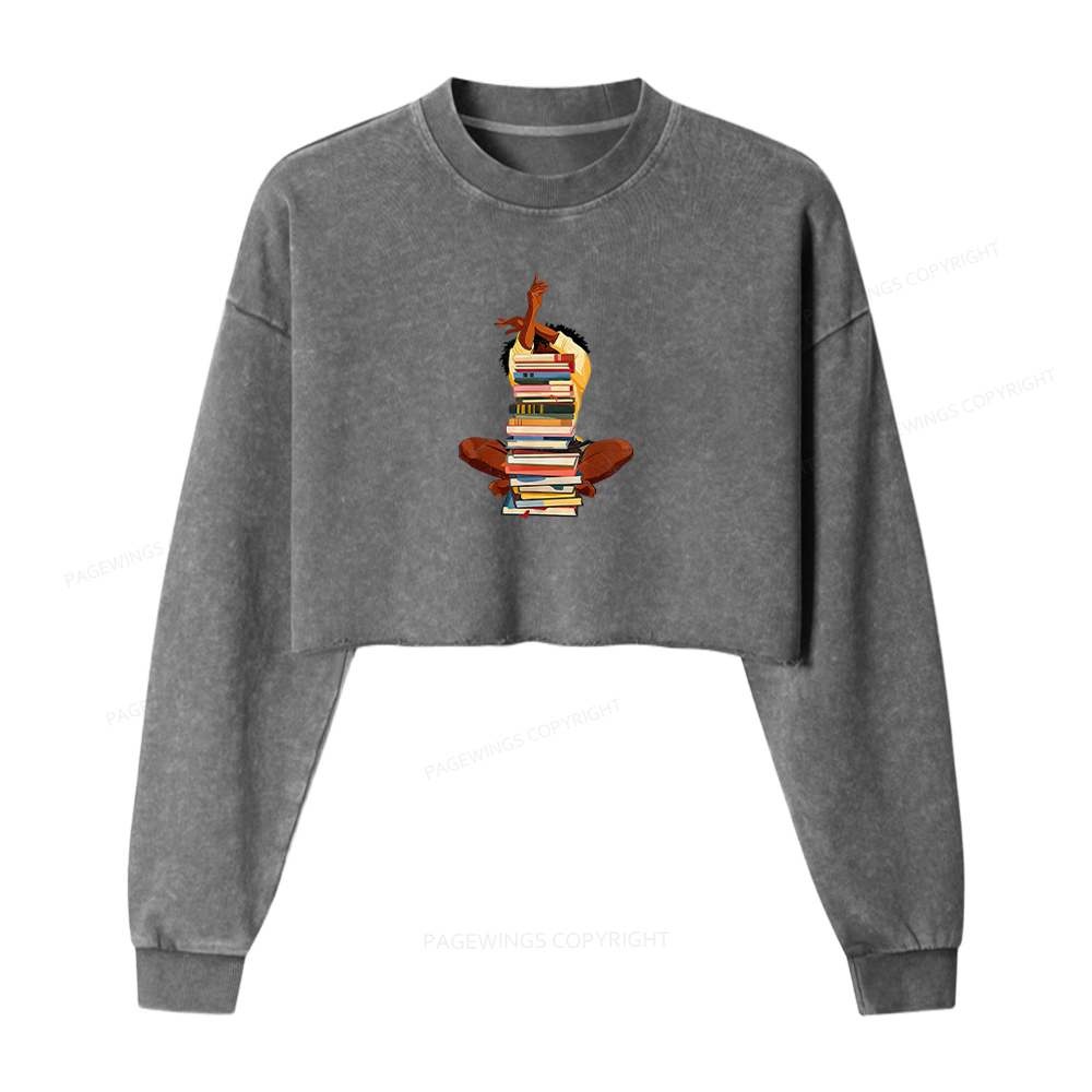 Pagewings Black Woman Reading Washed Crop Sweatshirt
