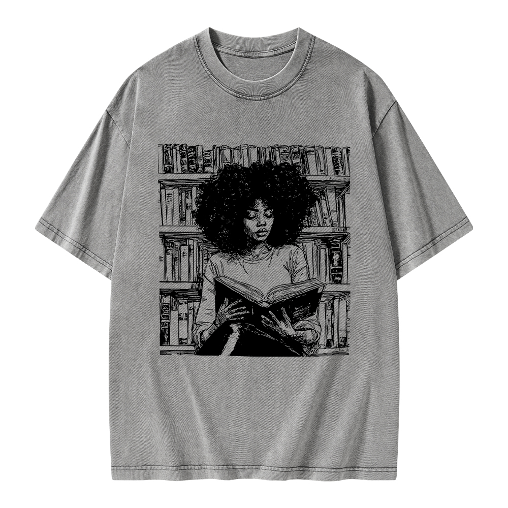 Pagewings Black Girl Reading Unisex Washed T-shirt