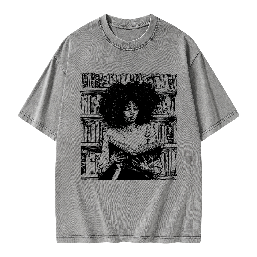 Pagewings Black Girl Reading Unisex Washed T-shirt