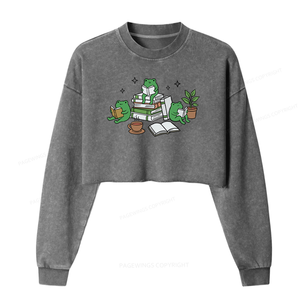 Pagewings Frogs And Books Washed Crop Sweatshirt