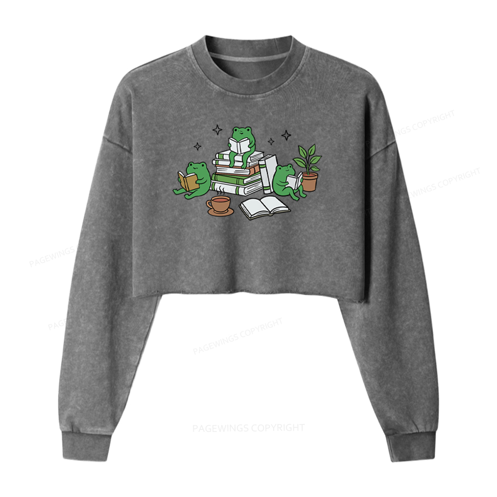 Pagewings Frogs And Books Washed Crop Sweatshirt