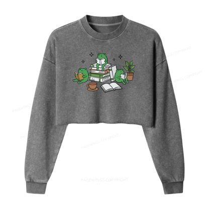 Pagewings Frogs And Books Washed Crop Sweatshirt