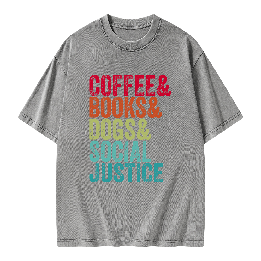 Pagewings Books Coffee Dogs Social Justice Unisex Washed T-shirt