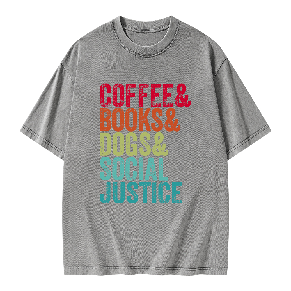 Pagewings Books Coffee Dogs Social Justice Unisex Washed T-shirt