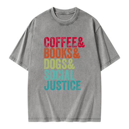 Pagewings Books Coffee Dogs Social Justice Unisex Washed T-shirt