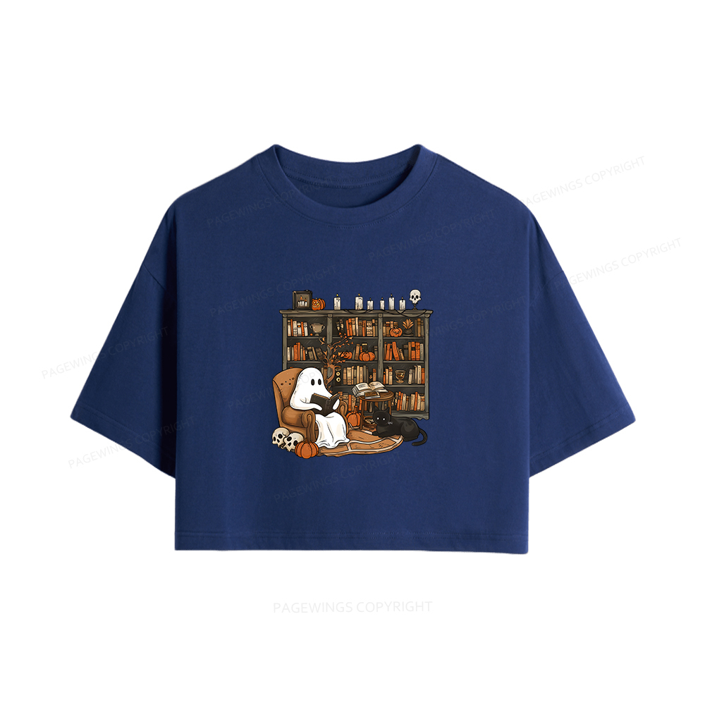 Pagewings Halloween Ghost Reading Books Women Crop Tops