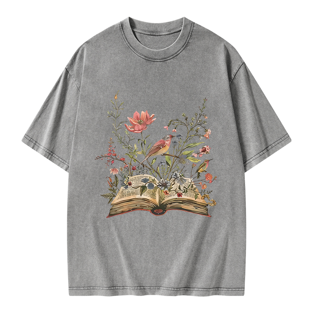 Pagewings Book Flowers Unisex Washed T-shirt