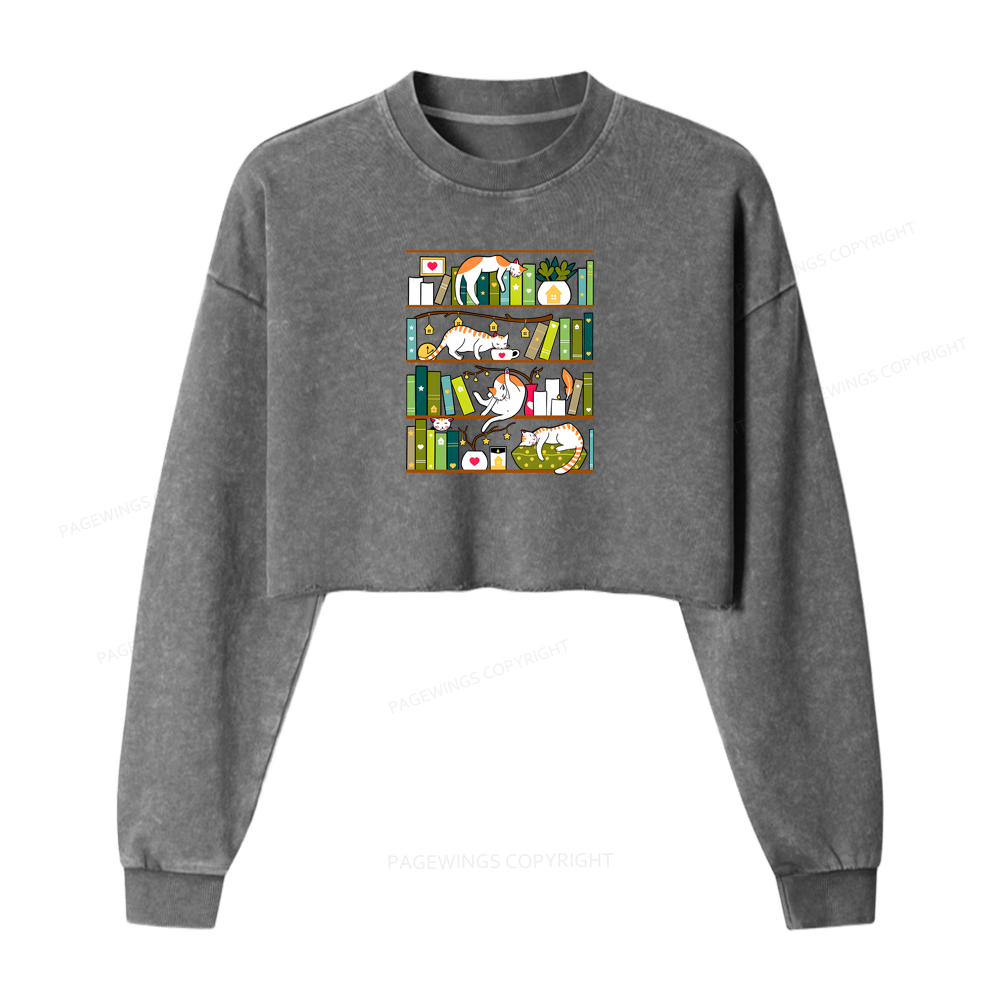 Pagewings Library Cats Washed Crop Sweatshirt
