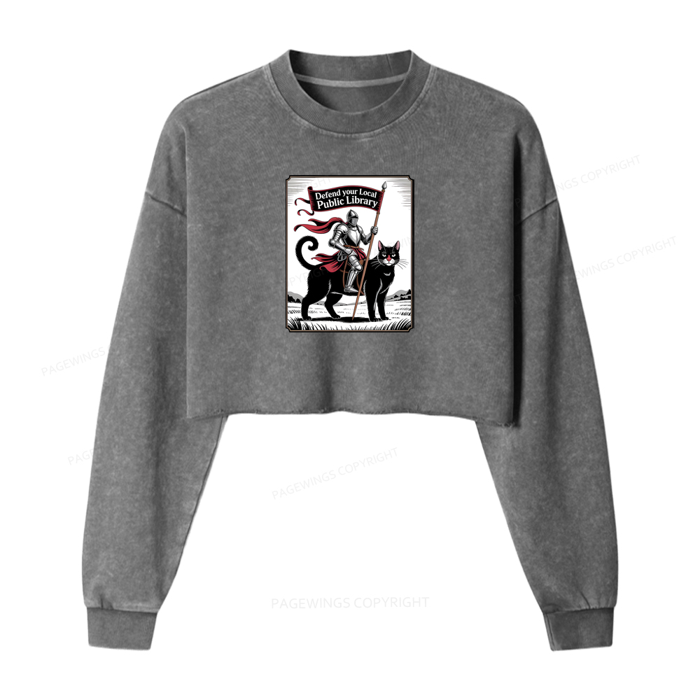 Pagewings Defend Your Local Public Library Funny Knight Cat Washed Crop Sweatshirt