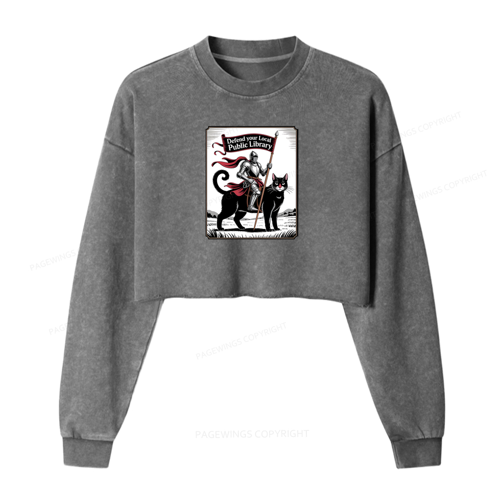 Pagewings Defend Your Local Public Library Funny Knight Cat Washed Crop Sweatshirt