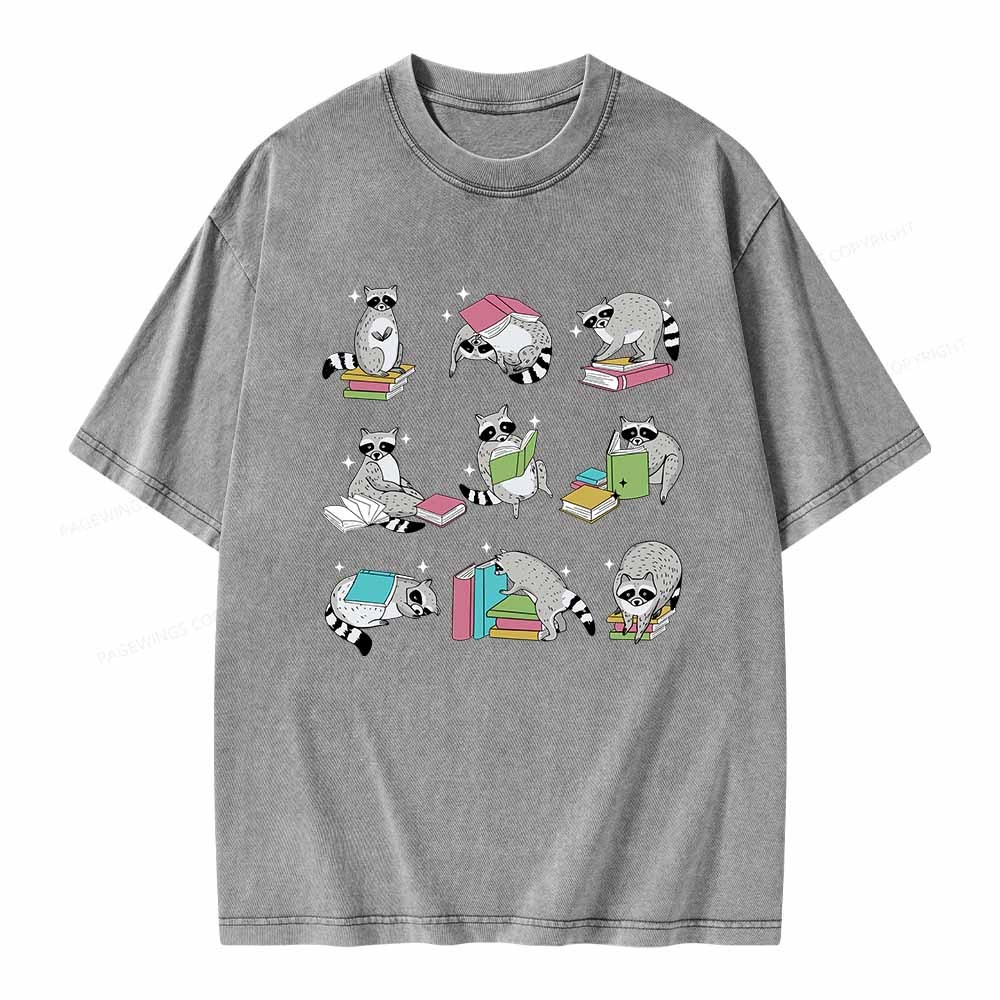 Pagewings Funny Raccoon Reading Comfort Colors Shirt Unisex Washed T-shirt