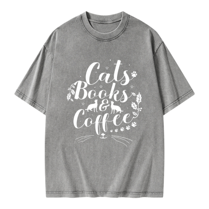 Pagewings Cats Books And Coffee Unisex Washed T-shirt