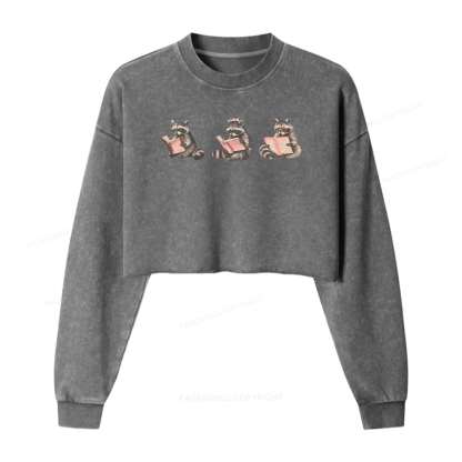 Pagewings Funny Raccoon Bookish Gift Washed Crop Sweatshirt