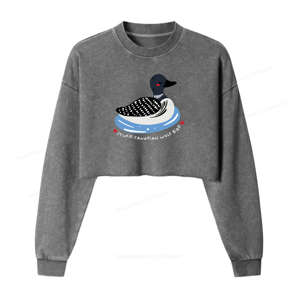 Pagewings Stupid Canadian Wolf Bird Washed Crop Sweatshirt
