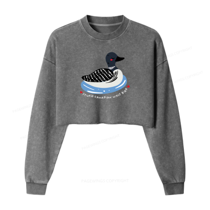 Pagewings Stupid Canadian Wolf Bird Washed Crop Sweatshirt