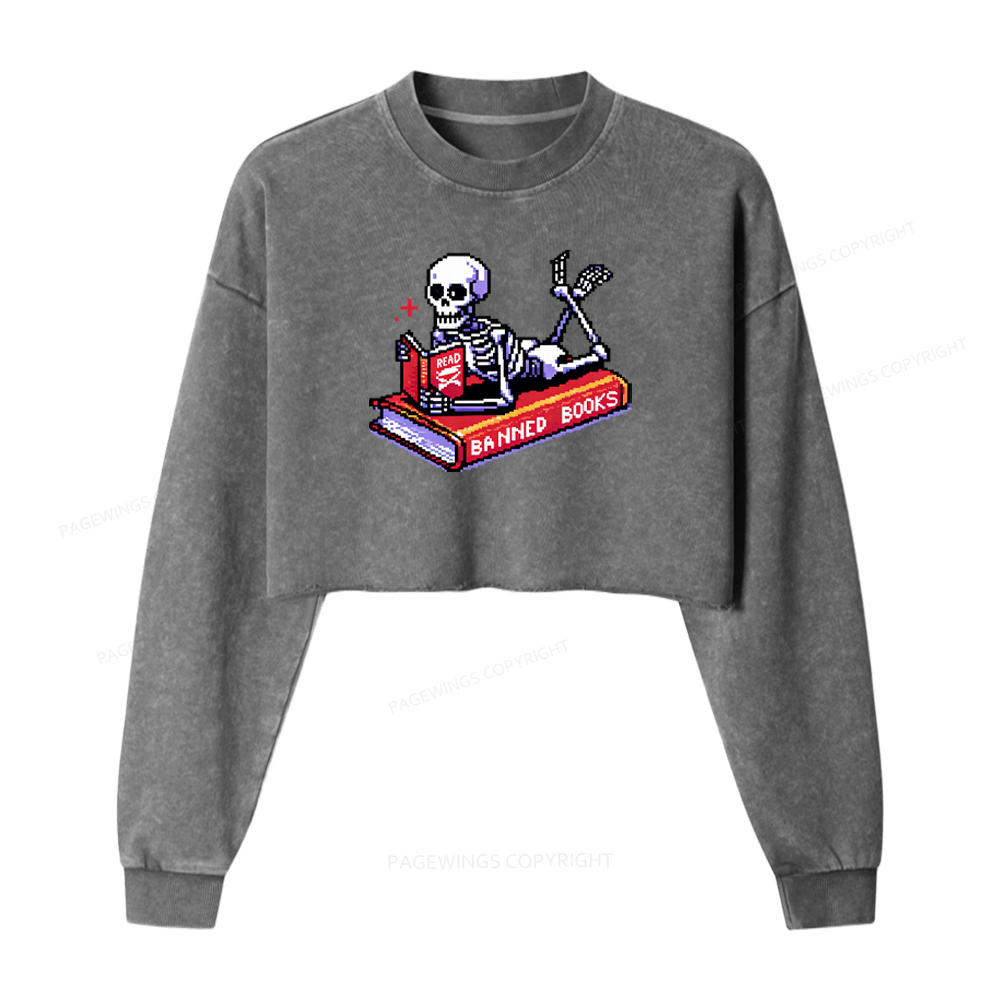 Pagewings Read Banned Books Skeleton Washed Crop Sweatshirt