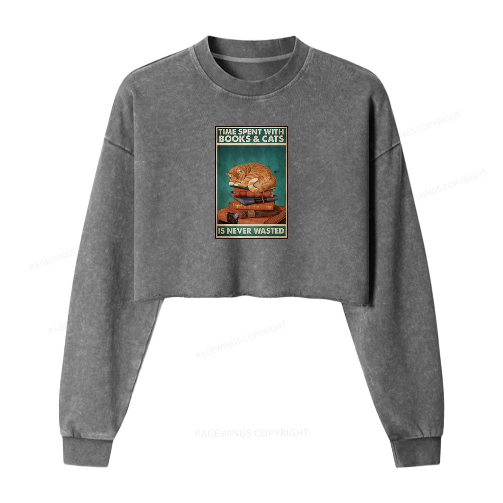 Pagewings Time Spent With Books And Cats Washed Crop Sweatshirt