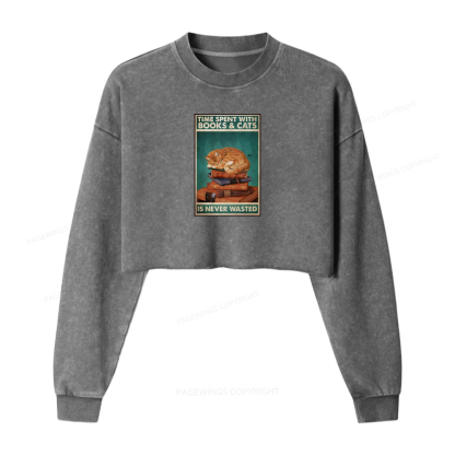Pagewings Time Spent With Books And Cats Washed Crop Sweatshirt