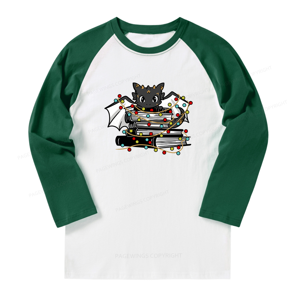 Pagewings Cute Book Dragon Holiday Long Sleeve Raglan T-shirt