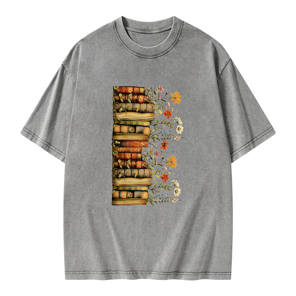 Pagewings Floral Books Unisex Washed T-shirt