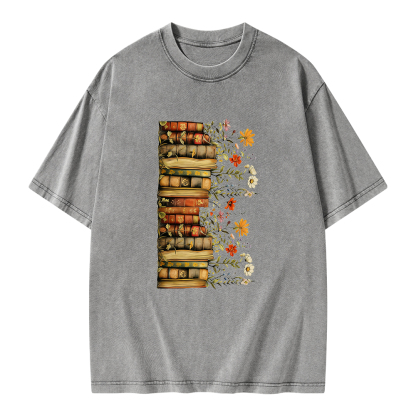 Pagewings Floral Books Unisex Washed T-shirt