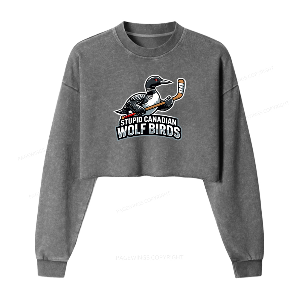 Pagewings Stupid Canadian Wolf Birds Washed Crop Sweatshirt