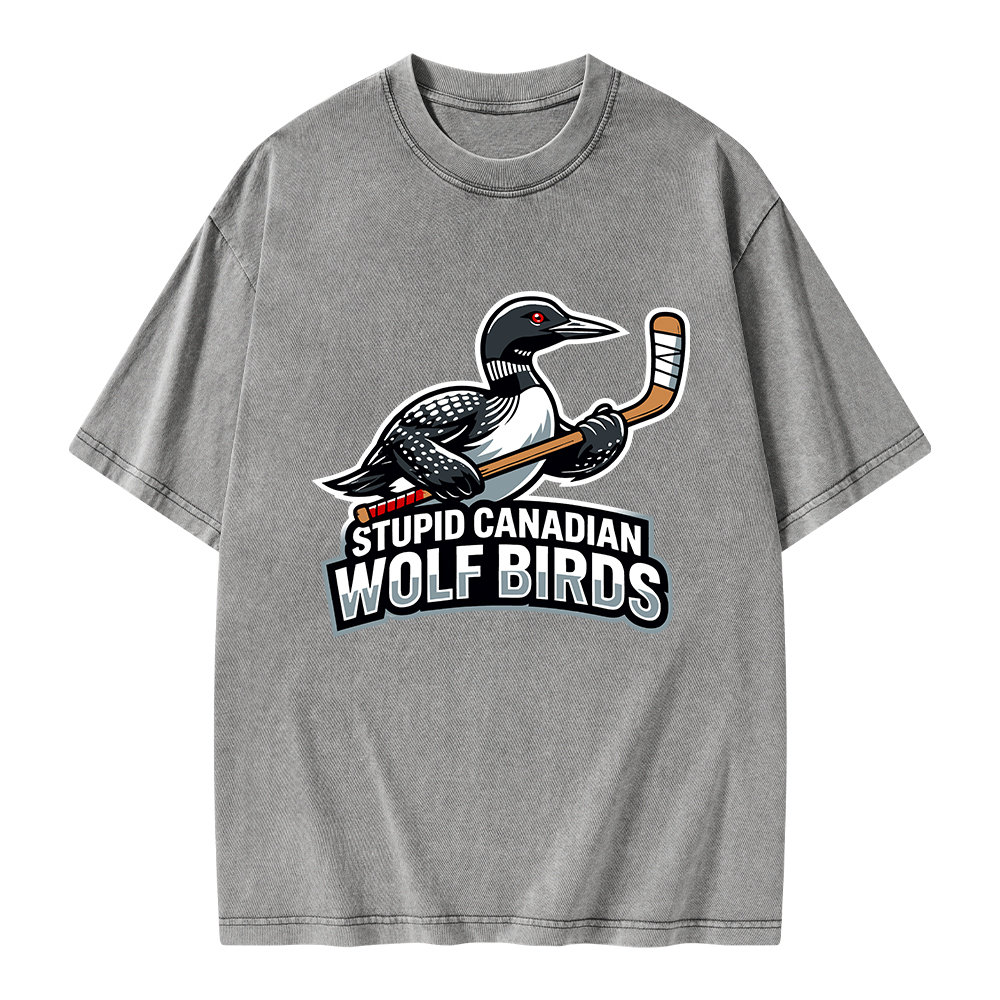 Pagewings Stupid Canadian Wolf Birds Funny Unisex Washed T-shirt