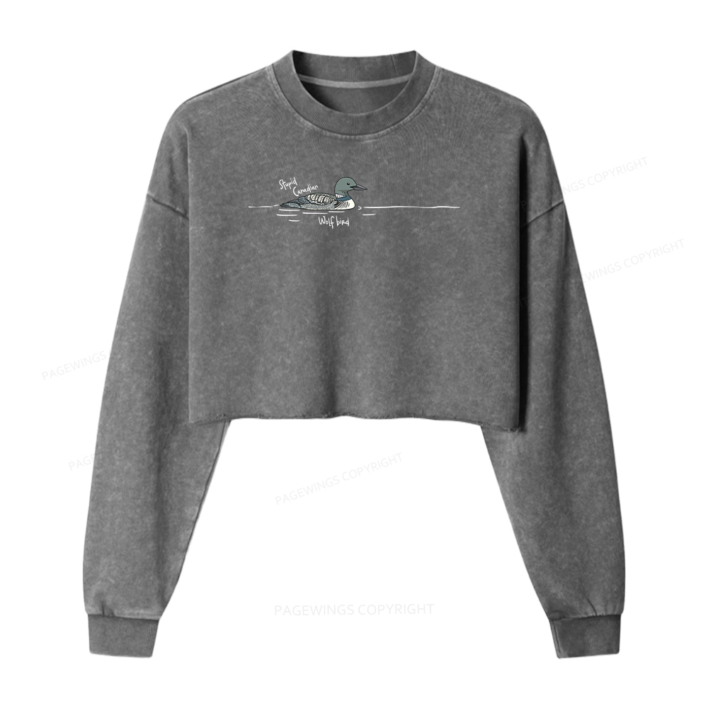 Pagewings Stupid Canadian Wolf Bird Washed Crop Sweatshirt