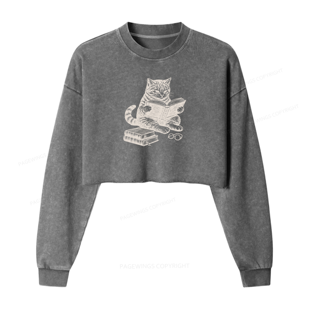Pagewings Cat Reading Book Washed Crop Sweatshirt