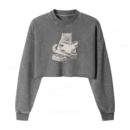 Pagewings Cat Reading Book Washed Crop Sweatshirt