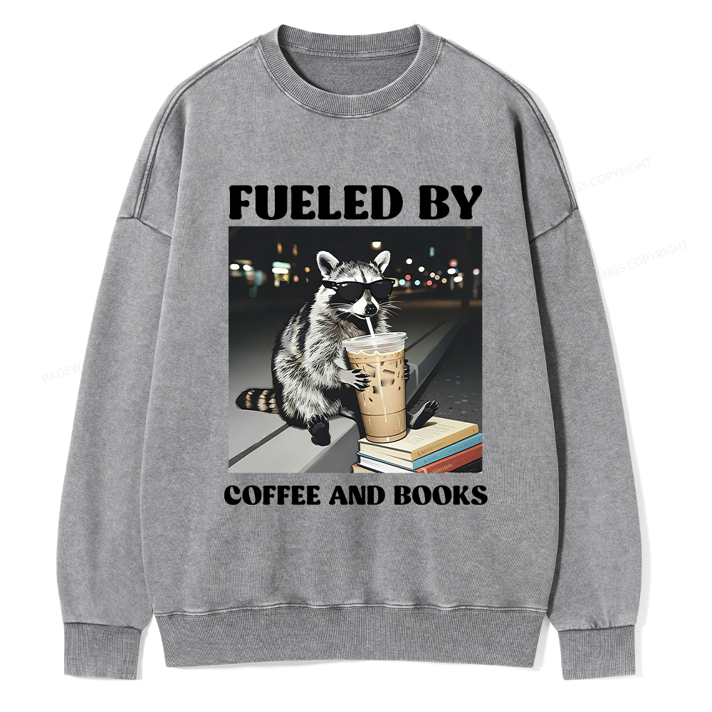 Pagewings Raccoon Reading And Drinking Iced Coffee Washed Sweatshirt