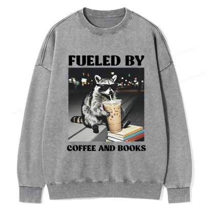 Pagewings Raccoon Reading And Drinking Iced Coffee Washed Sweatshirt