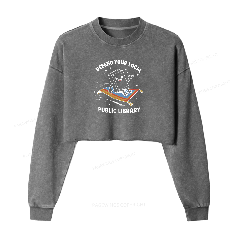 Pagewings Defend Your Local Public Library Washed Crop Sweatshirt