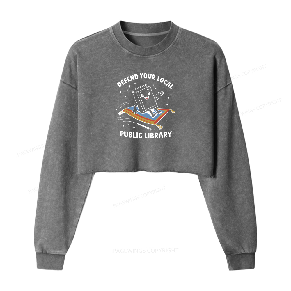 Pagewings Defend Your Local Public Library Washed Crop Sweatshirt