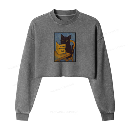 Pagewings Funny Cat Washed Crop Sweatshirt