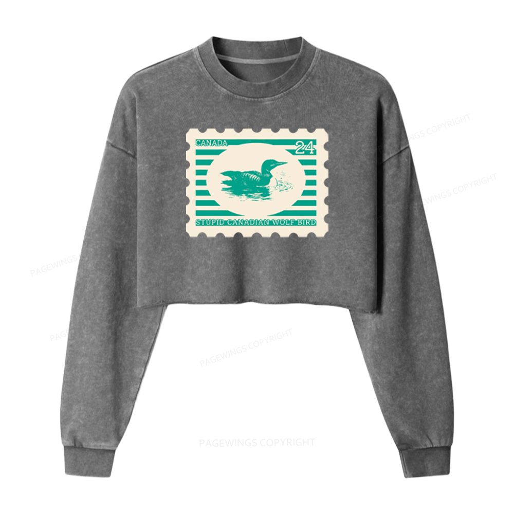 Pagewings Stupid Canadian Wolf Bird Washed Crop Sweatshirt