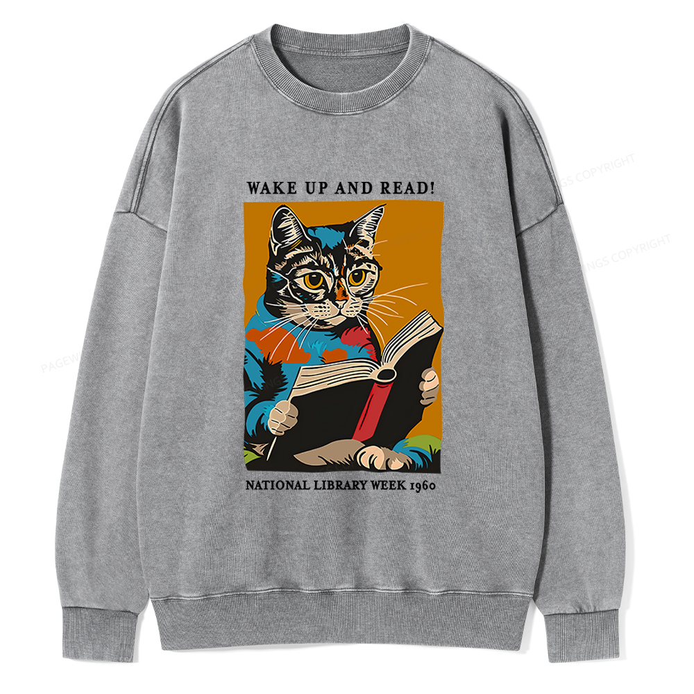 Pagewings Cat Reading Poster Unisex Washed Sweatshirt